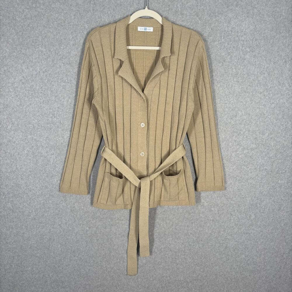 New Look Cardigan Sweater Large Tan Pockets Ribbed Neutral Quiet Luxury Academia